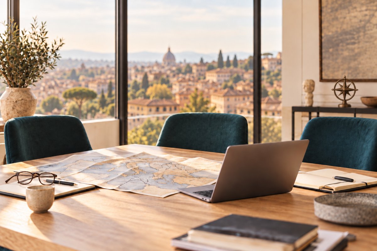 Meeting table with laptop, map and glasses, teal chairs and a dark brass compass rose