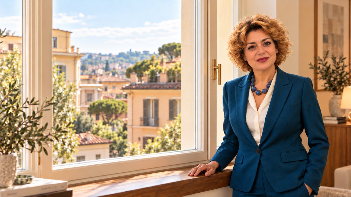 Maria De Rose in a teal executive suit beside a window overlooking an Italian city