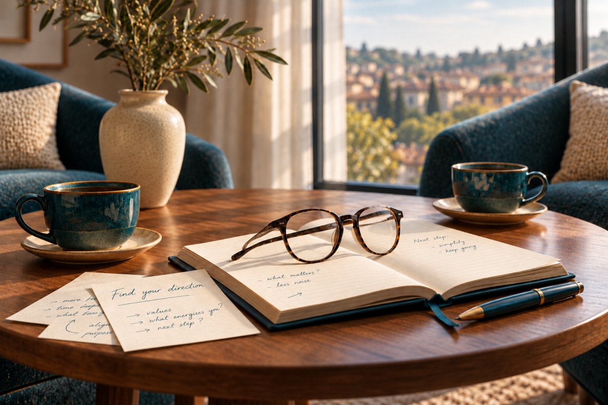 Two teal cups, glasses and handwritten notes on a coffee table, including the words Find your direction