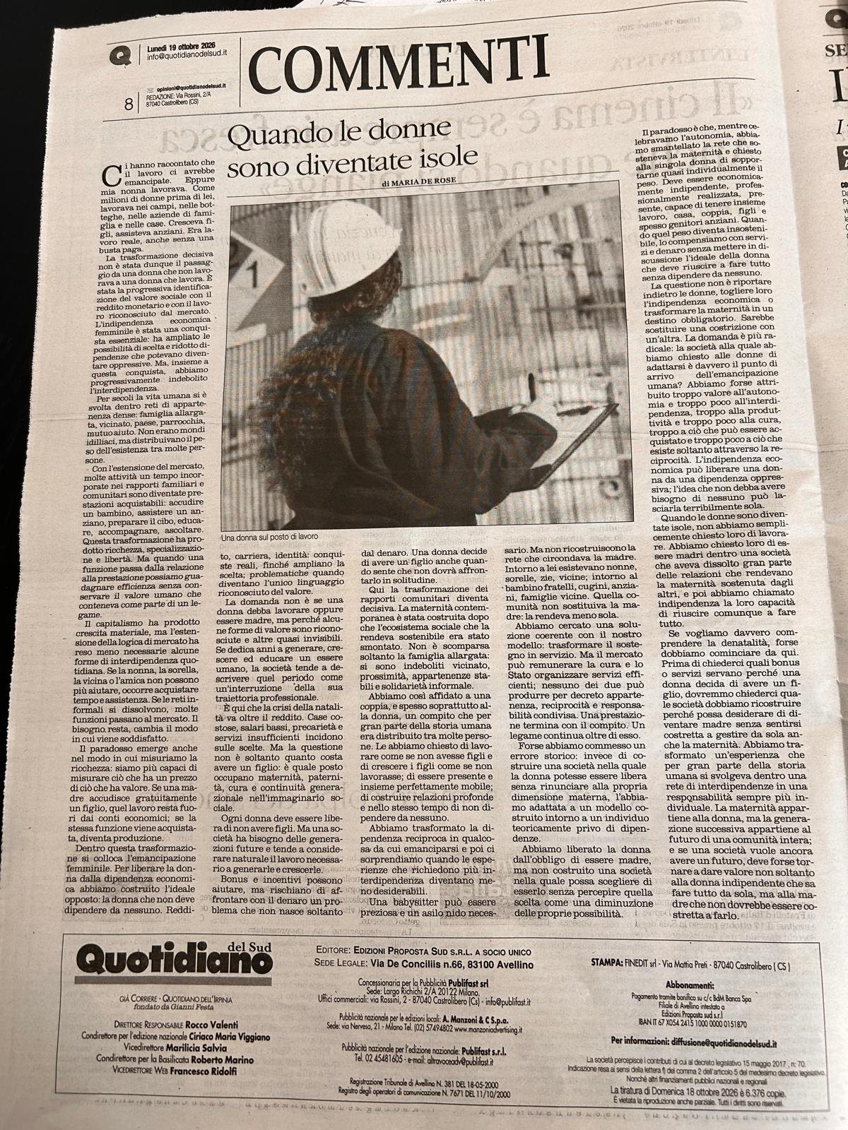 Quando le donne sono diventate isole — Quotidiano del Sud, 19 ottobre 2026